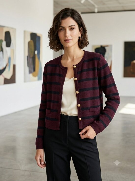 Scotch & Soda Sweaters - NWT Scotch & Soda Striped Knit Cardigan Sweater Gold Buttons Wine Navy XS